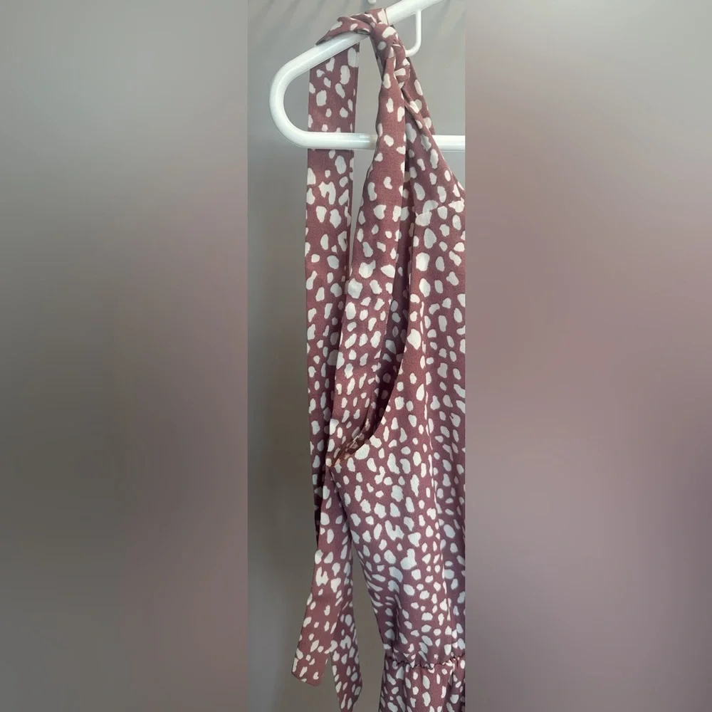SHEIN size MEDIUM mauve and white animal print ruffled dress with ties.